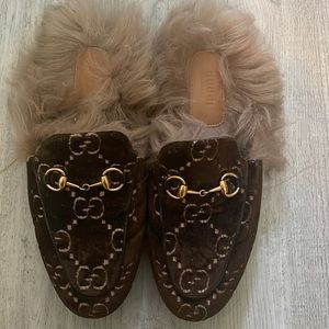 Gucci Princetown velvet fur mules